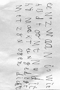 Foto van gedicht van mijn zoon: 'een zwaan is wit hij droomt nu dit hij maakt een gedigt met zijn ogen dicht'.