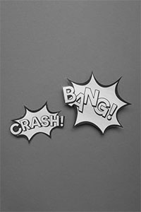 Illustratie van stickers met de tekst 'CRASH!' en 'BANG!'.